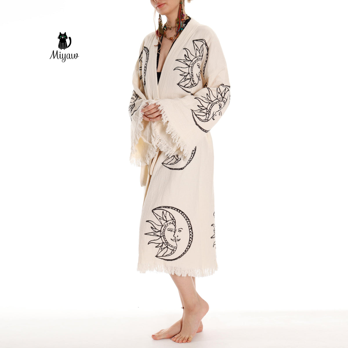 Sun and Moon Lightweight Cotton Kimono Robe for Women