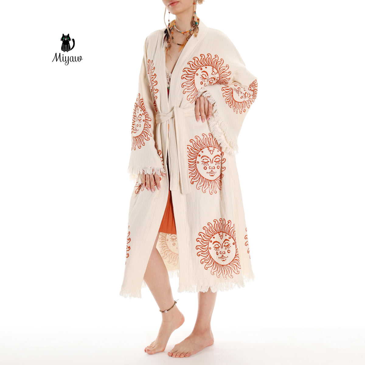 Unique Sun Stamped Robe: Eco-Friendly Organic Cotton Boho Kimono
