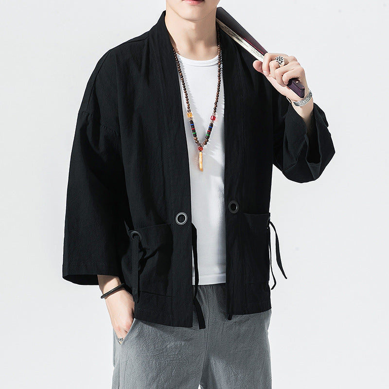 Chinese Style Cotton And Linen Cropped Sleeve Cardigan Baggy Coat Sun Protection Clothing