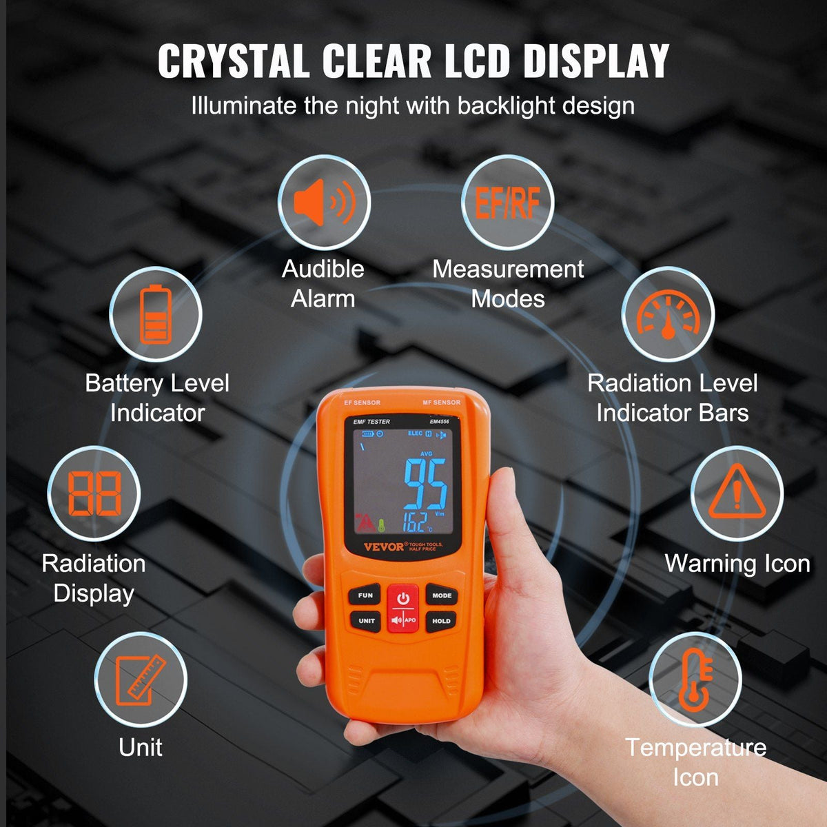 VEVOR 3-in-1 EMF Meter, 5Hz-6GHz, Handheld Rechargeable Electromagnetic Field Radiation Detector, Digital LCD EMF Tester for EF MF RF Home Inspections Outdoor Ghost Hunting 5G Cell Tower Temperature